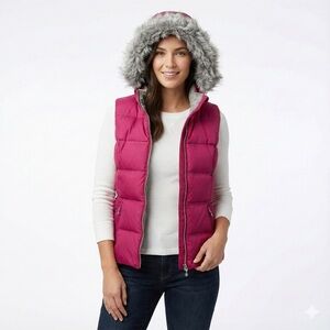 Eddie Bauer Fuchsia Puffer Vest with Faux Fur Hood